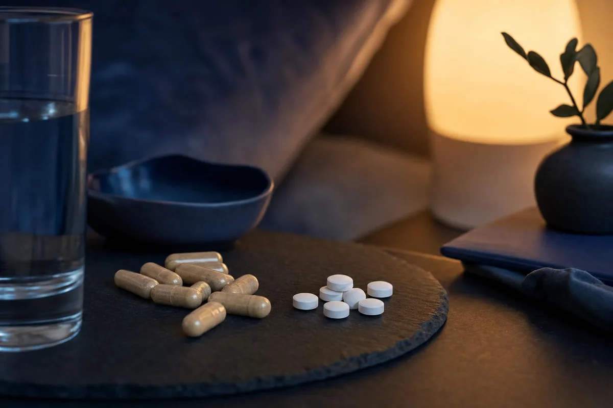 A magnesium and melatonin sleep stack on a bedside surface