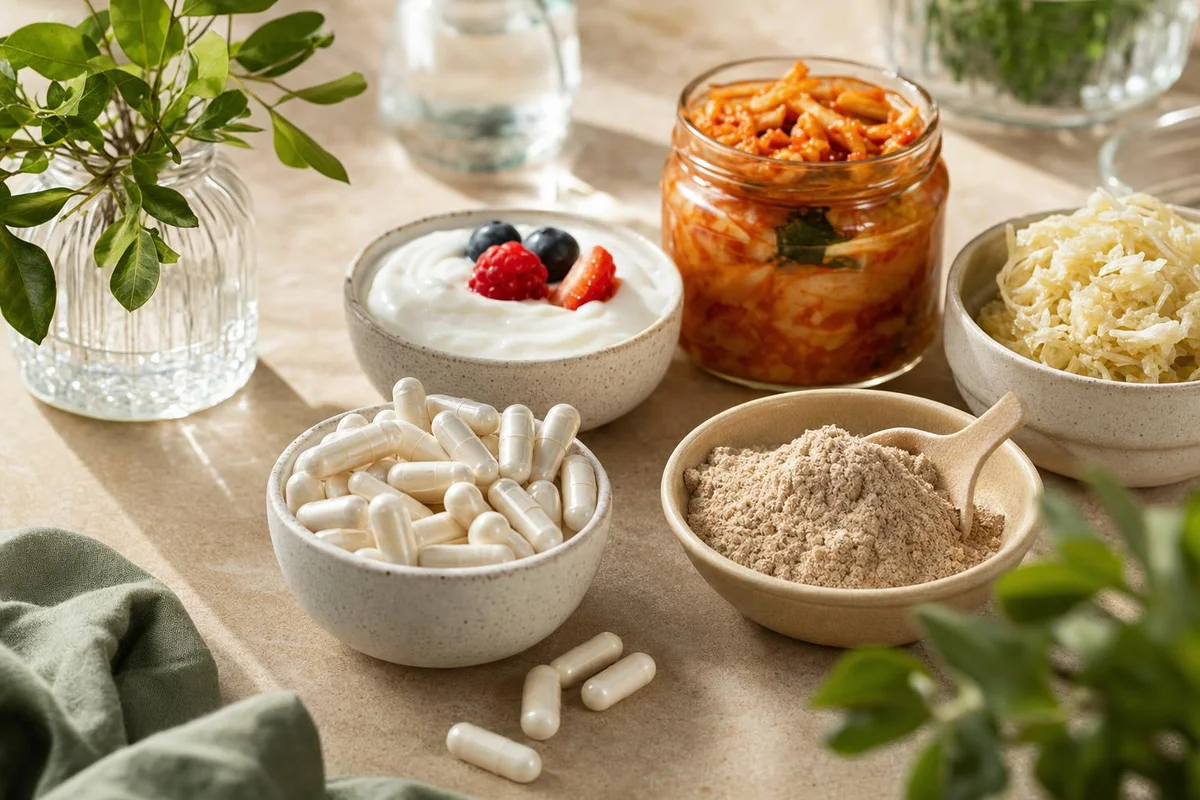 Gut-health supplements including probiotics and fiber with fermented foods