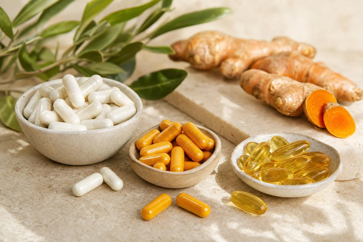 Joint-support supplements including glucosamine, curcumin, and omega-3 with turmeric root