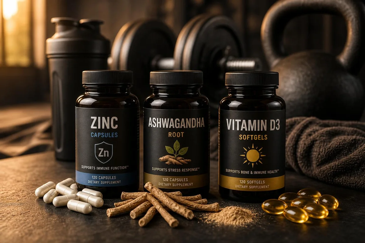 Men's health supplements beside laboratory testing paperwork