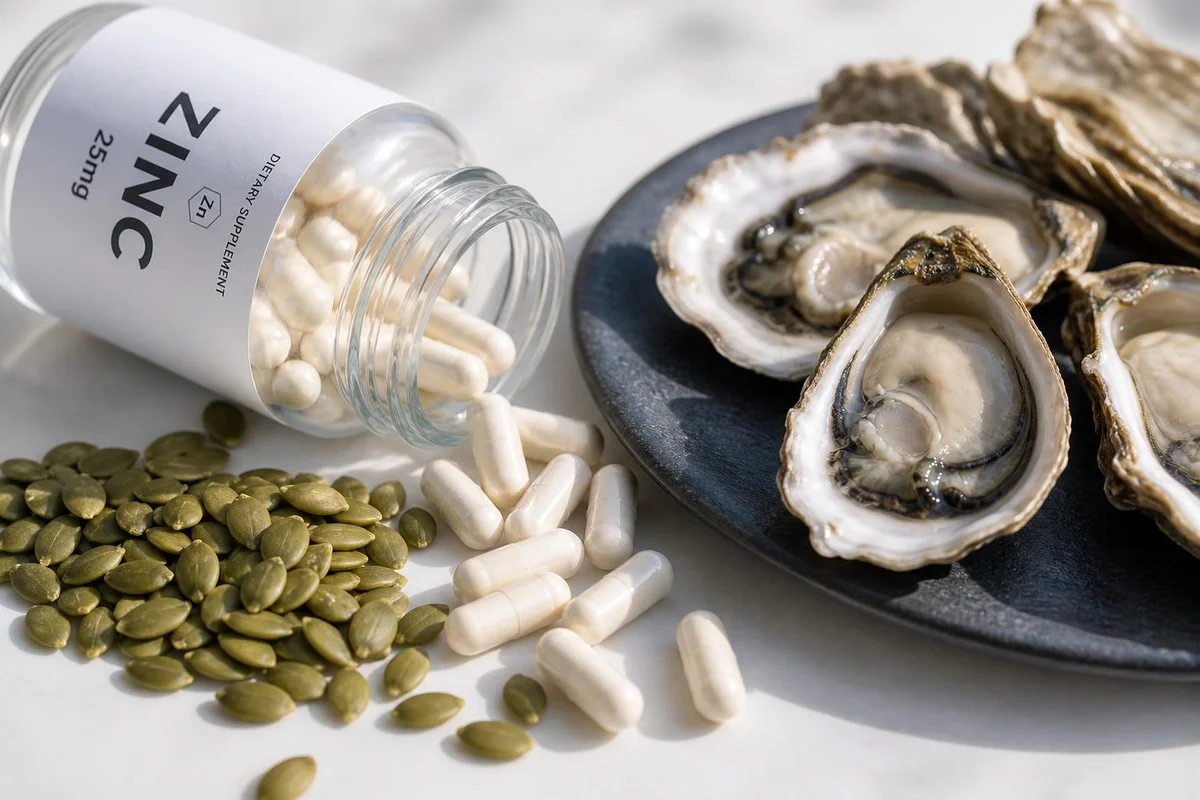 Zinc capsules beside pumpkin seeds and oysters