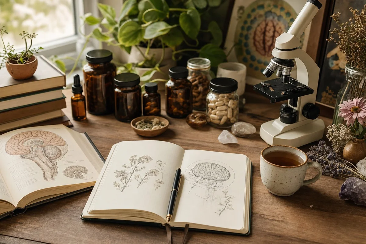 Brain and neurotransmitter illustration representing neuroscience education