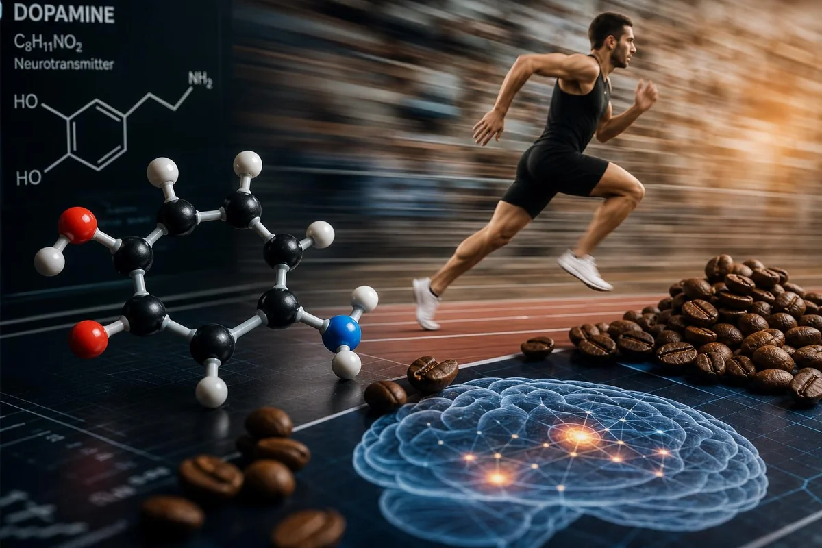 Dopamine molecular model with runner and coffee
