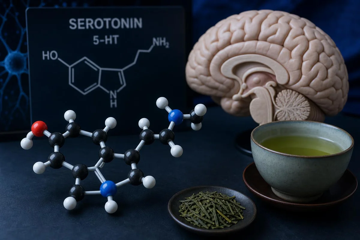 Molecular illustration representing serotonin neurotransmitter signaling